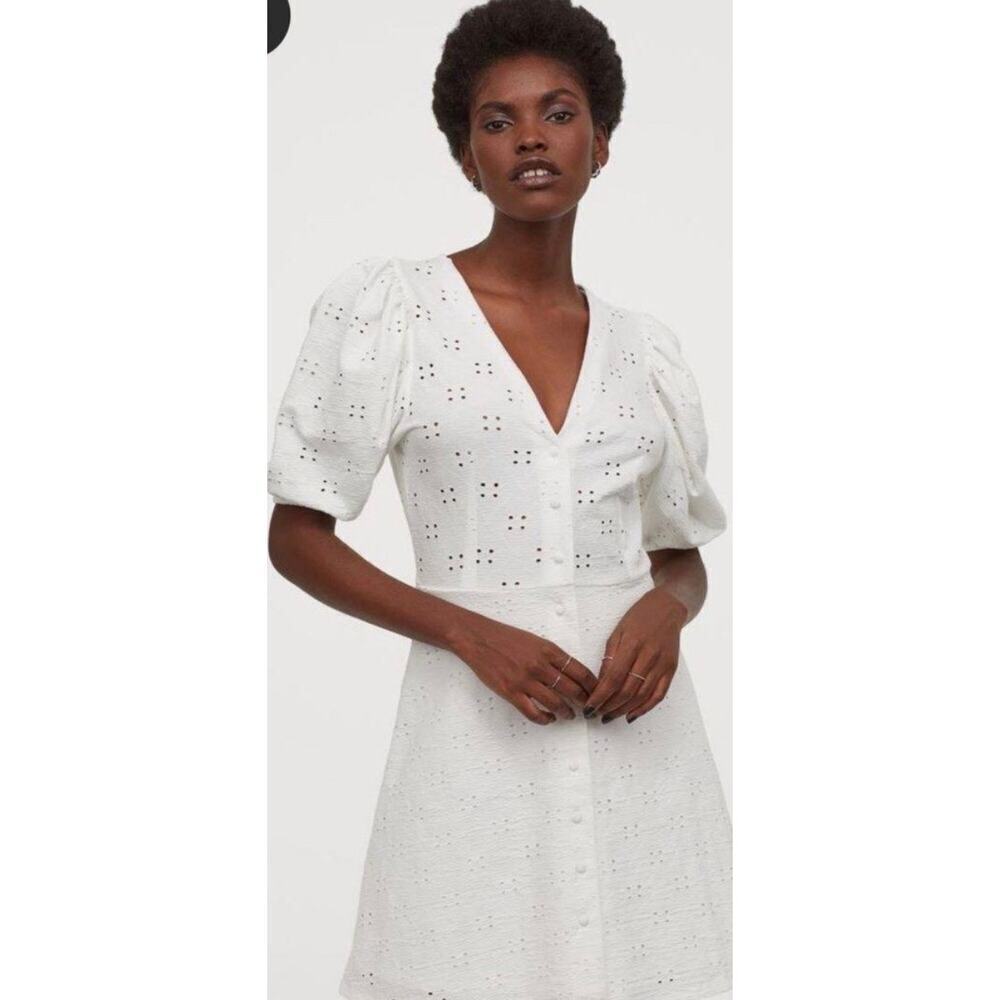 H&M white eyelet puff sleeve dress size small fits like medium